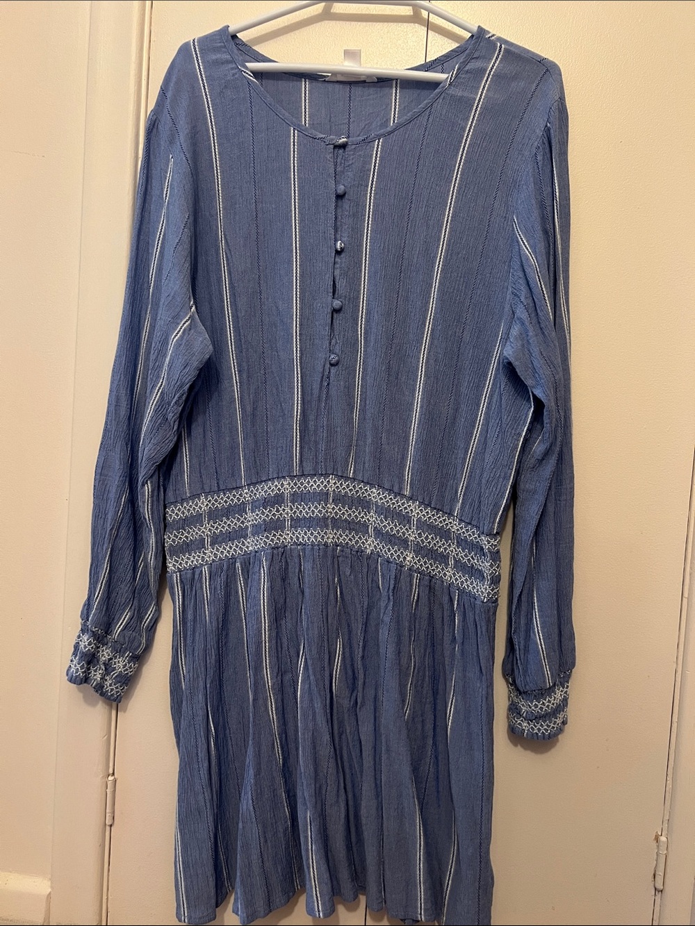 Blue Striped Button-Front Boho Dress with cinched waist